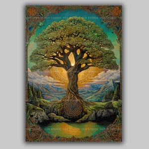 May include: A detailed painting of a tree with a large, leafy canopy, set against a backdrop of mountains, a lake, and a radiant sun. The artwork features intricate Celtic knotwork and the text "VGB STUDIO".