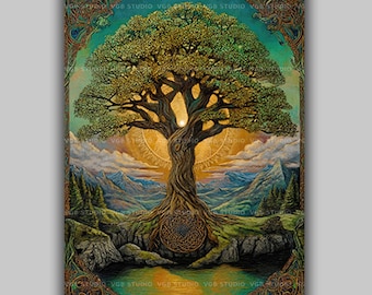 Baum des Lebens Kunstdruck Keltische Knotenarbeit Wanddekoration Keltische Wurzeln Natur Berglandschaft Spirituelle Abstammung Geschenk Pagan Druid Home AG76