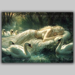 Swan Maiden Art Print, Sleeping Woman Among Swans by a Misty Lake, Caer Ibormeith Celtic Dream Goddess, Fantasy Wall Decor AA43