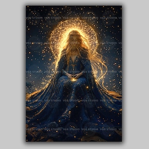 Frigg Norse Goddess Art Print, Mystical Queen of Asgard Surrounded by Starlight, Viking Mythology Wall Art,Nordic Pagan Sacred Feminine AE52