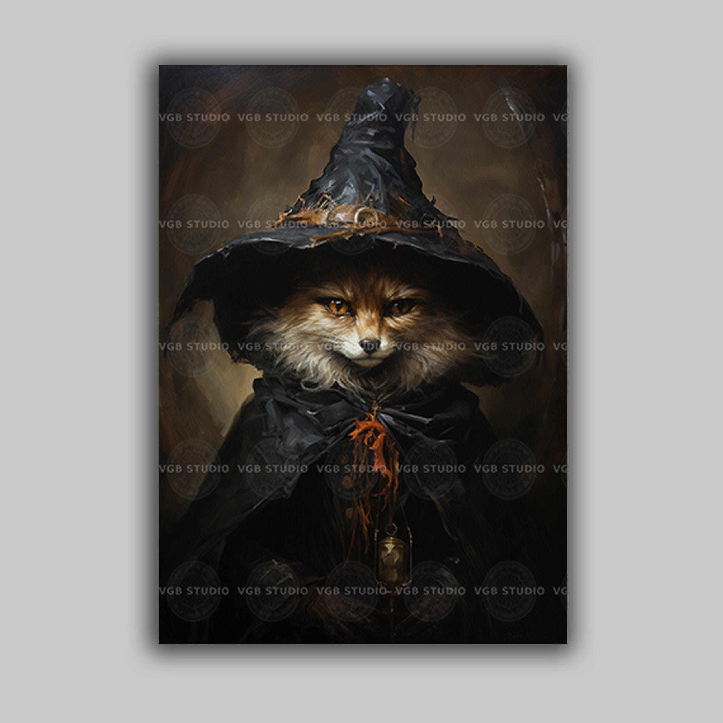 Fox Witch Art Print Autumn Forest Animal in Cloak Dark Woodland