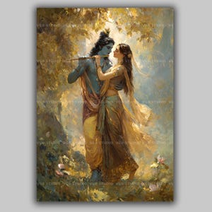 May include: An artistic painting depicts a couple in traditional Indian attire. The man, with blue skin, plays a flute while the woman, in a flowing gold dress, gazes at him. The artwork is set in a lush, natural environment with soft lighting.