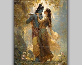 Krishna and Radha Hindu Deities Art Print Divine Love Spiritual Indian God and Goddess Painting Mystical Sacred Romance Wall Decor AJ62