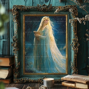 Lady of the Lake Wall Art, Enchanted Sorceress in Blue Gown with Magic Book, Arthurian Fantasy Print, Celestial Witch Home Decor Gift z91 image 2