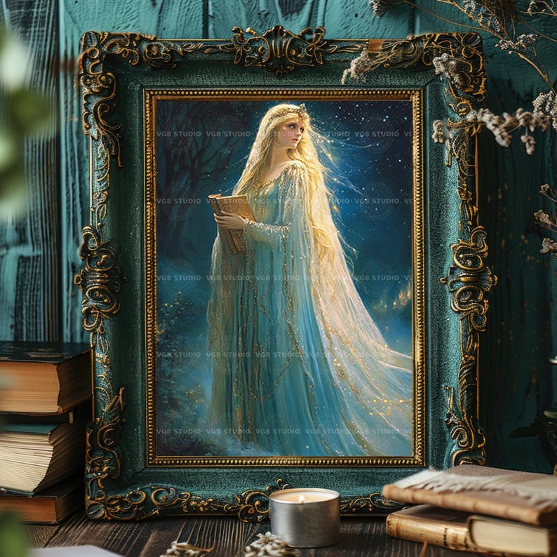 Lady of the Lake Wall Art, Enchanted Sorceress in Blue Gown with Magic Book, Arthurian Fantasy Print, Celestial Witch Home Decor Gift z91 image 2