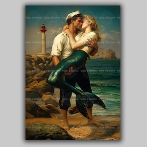 Romantic Mermaid And Sailor Art Print With Lighthouse Kiss Scene Vintage Nautical Fantasy AF82