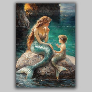 Mermaid Mother Child Art Print Ocean Fantasy Decor Sea Family Painting Whimsical Wall Poster Storybook Illustration Coastal Home Beach AC15