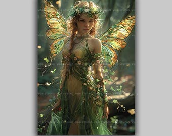 Woodland Fairy Art Print, Magical Green Forest Fae Portrait, Enchanted Spring Nature Wall Decor, Ethereal Cottagecore Fantasy Poster q33