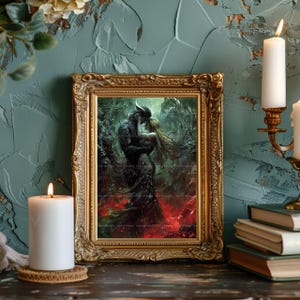 Romantasy Wall Art Print, Demon Prince and Mortal Woman Embrace, Underworld Hellscape, Dark Fantasy Book Lover Decor w91 image 5