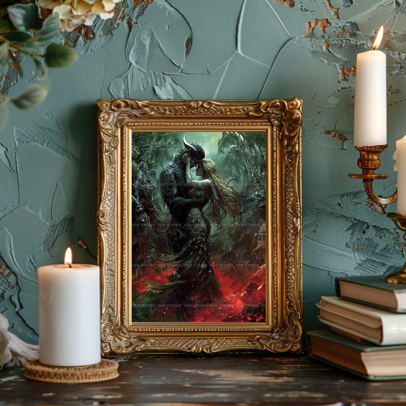 Romantasy Wall Art Print, Demon Prince and Mortal Woman Embrace, Underworld Hellscape, Dark Fantasy Book Lover Decor w91 image 5