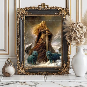 Freya, Freyja, nordische Göttin der Liebe, Krieg und Magie, Wikinger Mythologie, blaue Katzen, Winter-Schnee-Szene, heidnischer Altar-Dekor ac12 Bild 8