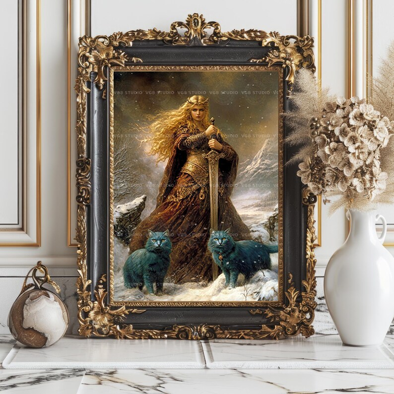 Freya, Freyja, nordische Göttin der Liebe, Krieg und Magie, Wikinger Mythologie, blaue Katzen, Winter-Schnee-Szene, heidnischer Altar-Dekor ac12 Bild 8