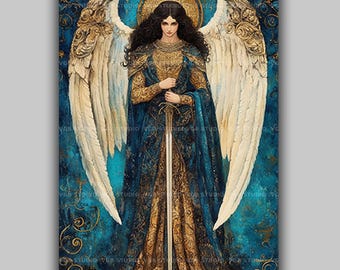 Guardian Angel Art Print, Female Angel with a Sword and White Wings, Teal and Gold Ornament, Byzantine Christian Icon Wall Decor AN38