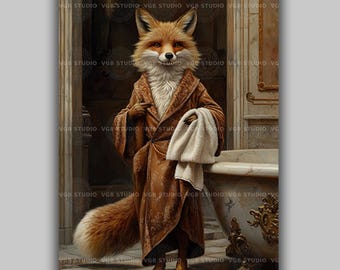 Victorian Fox Bathroom Wall Art Print, Funny Animal Bath Decor, Anthropomorphic Fox Portrait, Whimsical Powder Room Dark Academia AK30