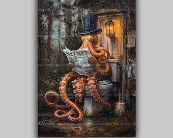 Funny Octopus Toilet Print, Anthropomorphic Sea Creature Poster, Guest Bathroom Wall Art, Weird Home Decor, Quirky Tentacle Painting R01