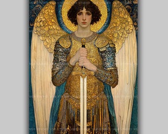 Archangel Michael Art Print, Warrior Saint with Golden Wings Holding a Sword, Byzantine Mosaic Icon, Catholic Protection Wall Decor AN44