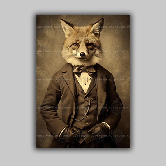 Victorian Gentleman Fox Art Print, Dapper Animal Portrait in Suit