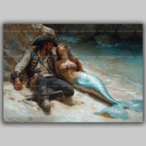 Pirate and Mermaid Art Print Romantic Ocean Fantasy Wall Decor Siren Love Story Sea Romance Painting Nautical Couple Beach Artwork y88