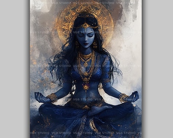 Kali Goddess Art Print in Blue and Gold, Hindu Divine  display picture 3