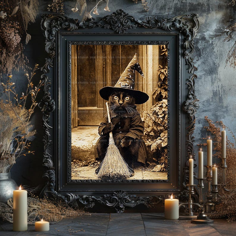 Black Cat Witch Wall Art Print, Vintage Halloween Feline With Broom ...