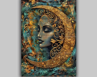 Moon Goddess Art Print | Crescent Moon Woman Face Teal Gold Celestial Abstract Fantasy Night Sky Mystical Boho Spiritual Wall Decor Gift R09