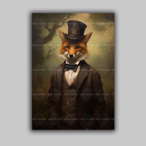 Victorian Fox Gothic Gentleman Dark Forest Giclee, Classical Baroque Portraiture Wall Art Print, Whimsical Animals, Dark Academia, j37
