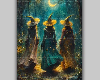 Three Witches Forest Moon Wall Art Print, Pagan Coven Halloween Poster, Witchy Gothic Decor, Whimsigoth Fantasy, Enchanted Woodland  x65