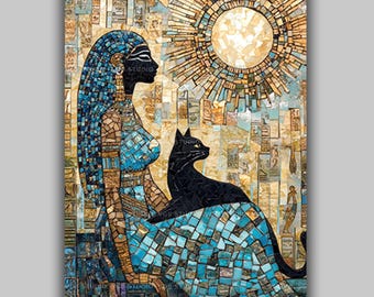 Bastet Art Print Egyptian Goddess Mosaic with Black Cat Sun and Hieroglyphs Divine Feminine Wall Decor Sacred Feline Deity Illustration AH70