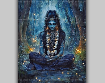 Kali Art Print Hindu Goddess in Meditation Skull Mala Spiritual Warrior Dark Feminine Energy Divine Feminine Decor Blue Forest AH40