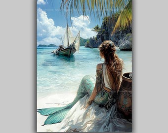 Mermaid Wall Art Print, Coastal Beach House Decor, Nautical Fantasy Ocean Poster, Tropical Lagoon Seascape Illustration, Bathroom Gift u48