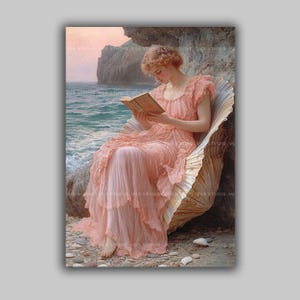 Aphrodite godin van de liefde Wall Art Print, Venus Reading by Sea Shell, Griekse mythologie decor, romantische goddelijke vrouwelijke boekenliefhebber cadeau t92
