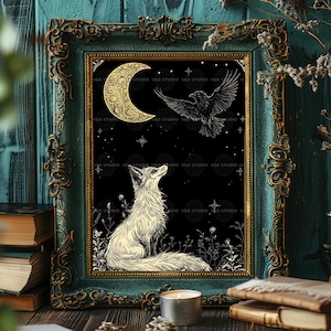 Fox and Raven Art Print Moon Night Mystical Animal Black Gold Decor Folklore Illustration Witchy Wall Art Celestial Stars Botanical Gift z39 image 4