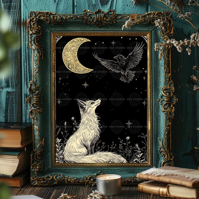 Fox and Raven Art Print Moon Night Mystical Animal Black Gold Decor Folklore Illustration Witchy Wall Art Celestial Stars Botanical Gift z39 image 4