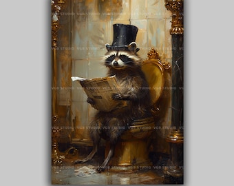 Racoon Victorian Gentleman Reading Newspaper on Toilet Whimsical Animal Baroque Painting Bathroom Wall Art Home Decor L37