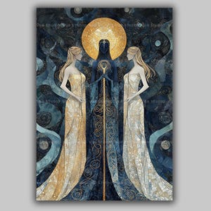 May include: An artistic print depicting three figures in long gowns. The central figure, dark-skinned, holds a staff and is framed by a golden halo. The flanking figures wear gold and white gowns, set against a dark blue backdrop.