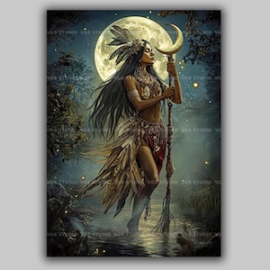 May include: An artistic digital painting depicts a woman in a forest setting, illuminated by a full moon. She wears ornate tribal attire and holds a staff with a crescent moon. The artwork has a mystical, fantasy theme.