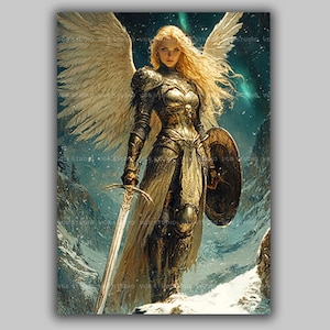 Valkyrie Art Print Norse Warrior Goddess Fantasy Female Angel with Sword Nordic Battle Maiden Wall Decor Winged Shieldmaiden Mythic ac18