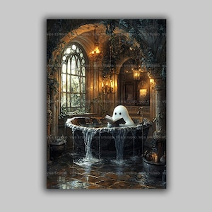 Ghost Bathtub Wall Art Print, schattig leesboek geest in gotische badkamer, grillige donkere academische inrichting, spookachtig Halloween-spookhuis u12