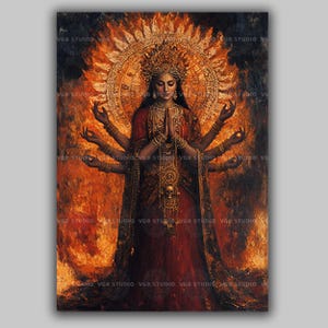 Fierce Hindu Goddess Art Print, Chamunda Multi-Armed Devi in Flames, Tantric Deity with Gold Crown, Spiritual Altar Decor AN16