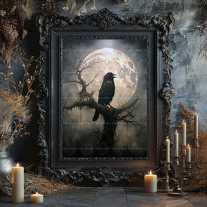 Edgar Allan Poe Raven Wall Art, Nevermore Crow Moon Print, Gothic Halloween Poster, Macabre Night Sky Painting, Spooky Corvid Home Decor H61 image 6