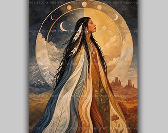 Changing Woman Wall Art Print, Diné Goddess of Renewal, Navajo Mythology, Sun Moon Four Seasons, Southwestern Watercolor AN46