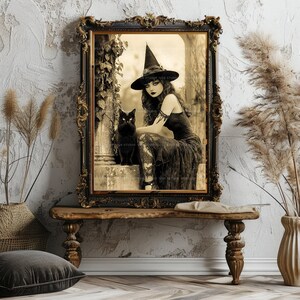 Lámina artística de bruja, retrato de gato negro, arte mural gótico vintage, decoración de bruja estilo academia oscura u26 imagen 4