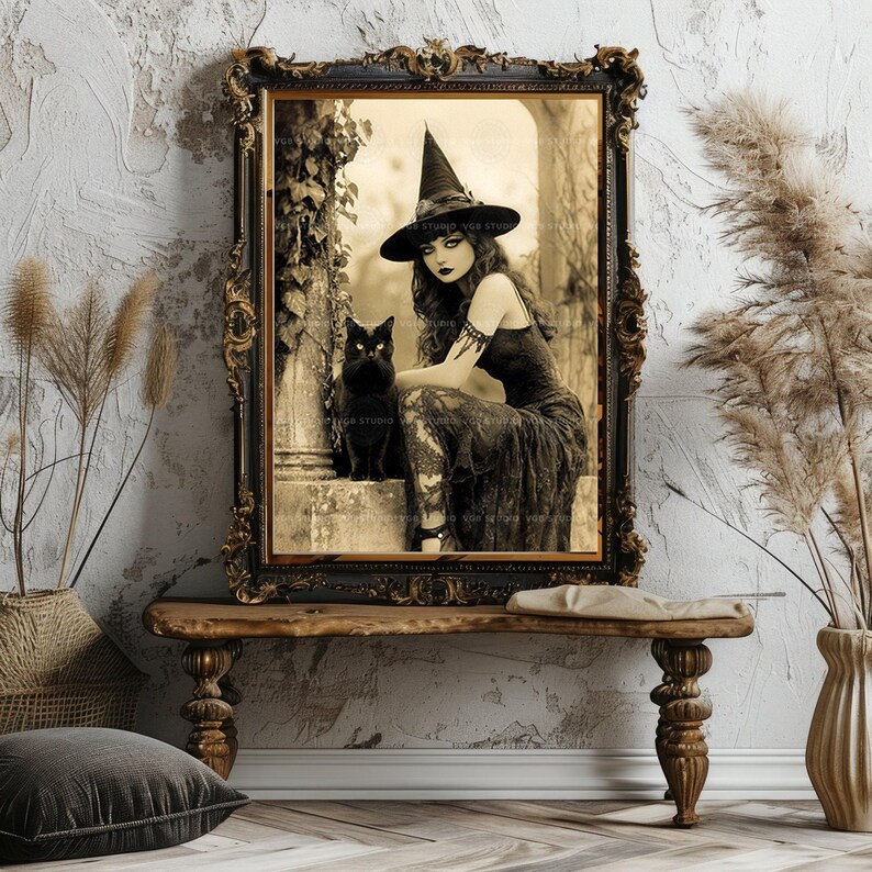 Lámina artística de bruja, retrato de gato negro, arte mural gótico vintage, decoración de bruja estilo academia oscura u26 imagen 4