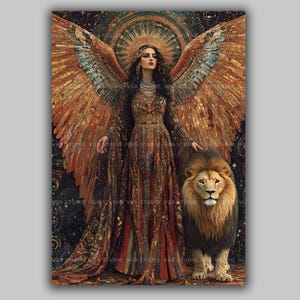 Ishtar Art Print Mesopotamian Goddess with Lion Mosaic Style Wall Decor Ancient Babylonian Myth Feminine Power Illustration with Wings AH80