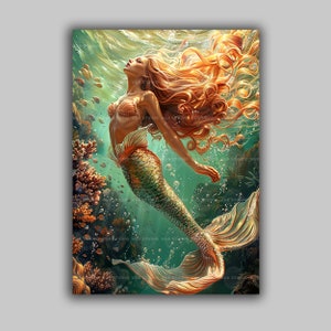 Beautiful Mermaid Swimming Underwater, Siren Whimsical Baroque Art Poster Print, Tropical Print, Nautical Art, Colorful Wall Art M20