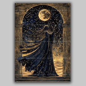 Nephthys Mondschein Göttin Fine Art Print, ägyptische Mythologie des Nachthimmels, mystische Giclée Illustration, Sternenwächter, Wandkunst x25