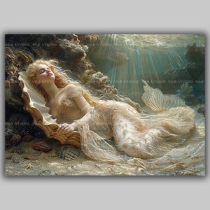 Belle sirène sirène au repos peinture de coquillages dans un jardin sous-marin, impression d'affiche d'art, Dark Academia, affiche gothique occulte, art nautique r10
