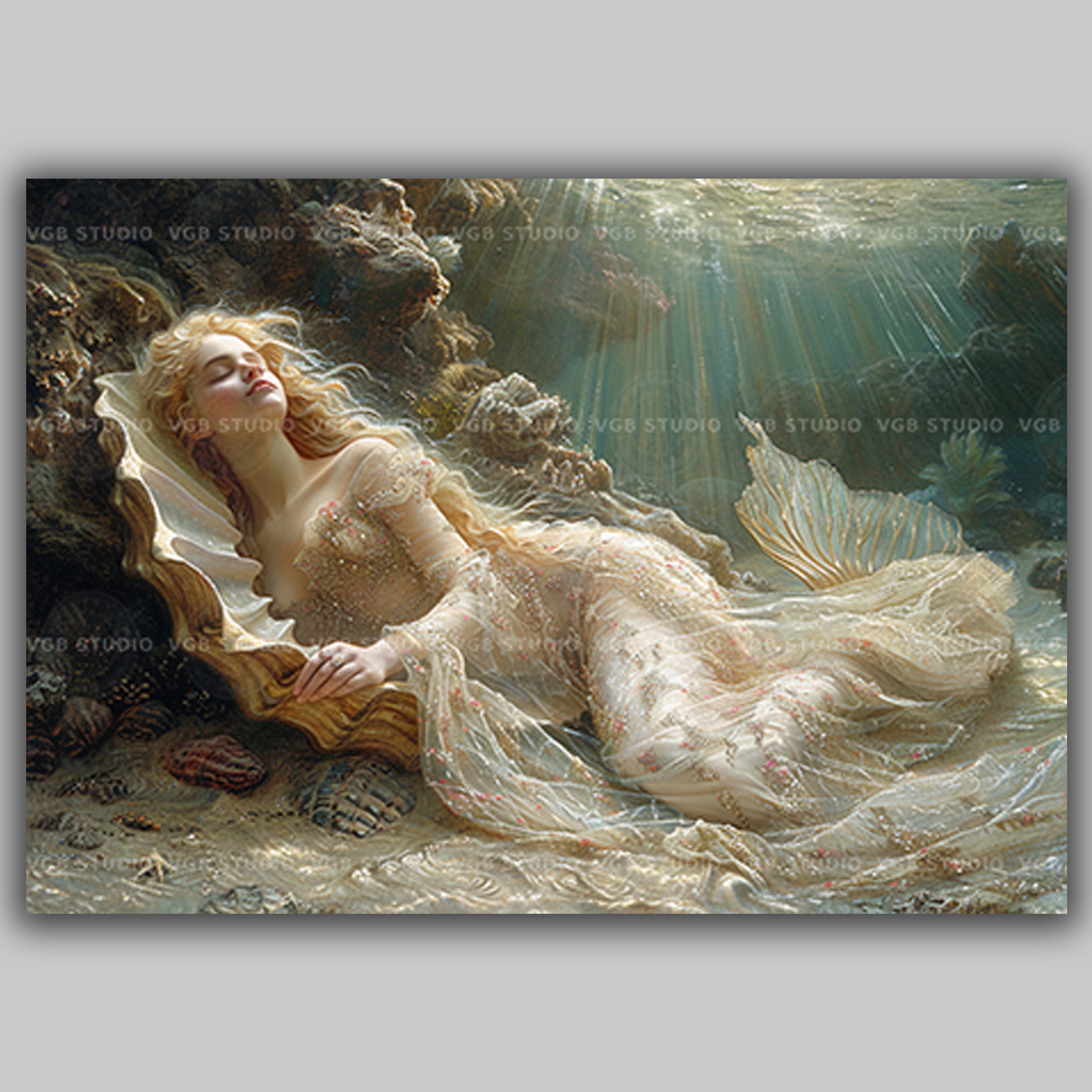 Beautiful Siren Mermaid Resting Underwater Garden Shell Painting, Art Poster Print, Dark Academia, Gothic Occult Poster, Nautical Art r10