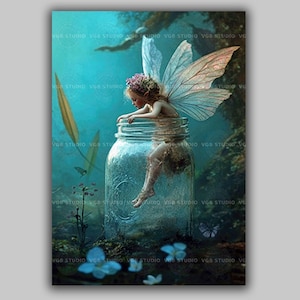 Fairy in a Jar Whimsical Fantasy Wall Art, Ethereal Woodland Fae  Art Print , Magical Fairytale Decor, Mystical Fairycore Aesthetic AE14