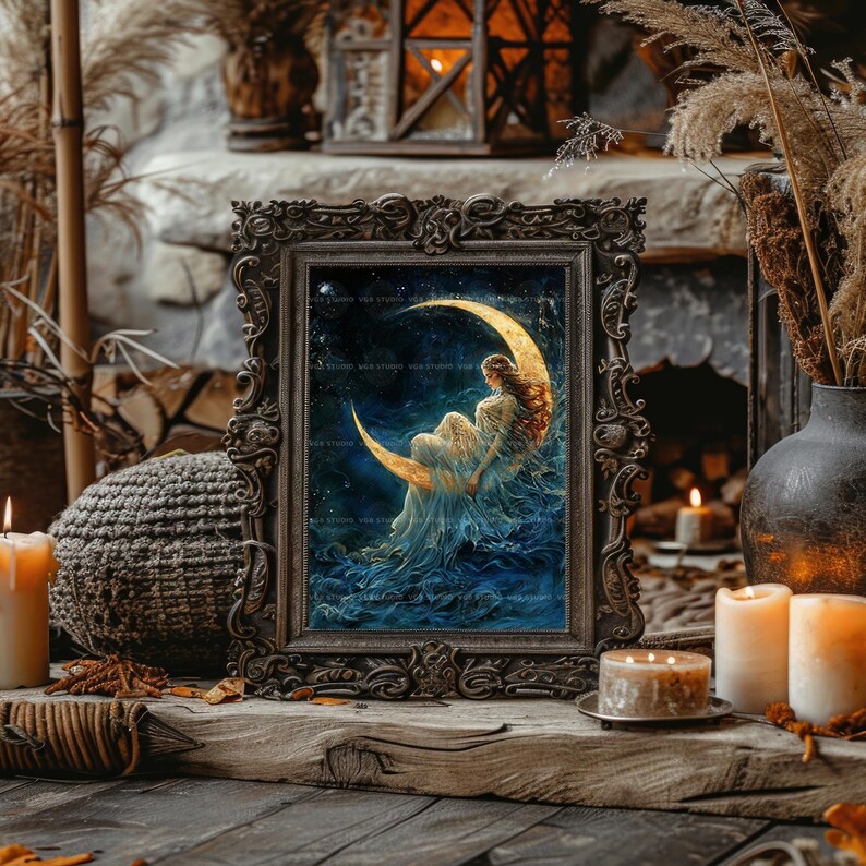 Selene maan godin Wall Art Print wassende maan hemelse decor Griekse mythologie poster goddelijke vrouwelijke spirituele kunst Dark Academia Lunar 23 afbeelding 6
